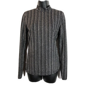 Guess Silver Striped Mockneck Top Small Disco Metallic Shimmer Long sleeve Black